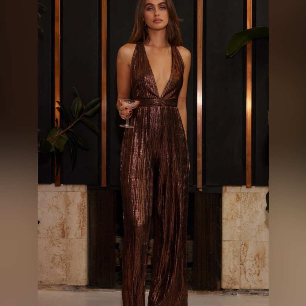 12TH Tribe V-Neck Brown Metallic Jumpsuit Size M